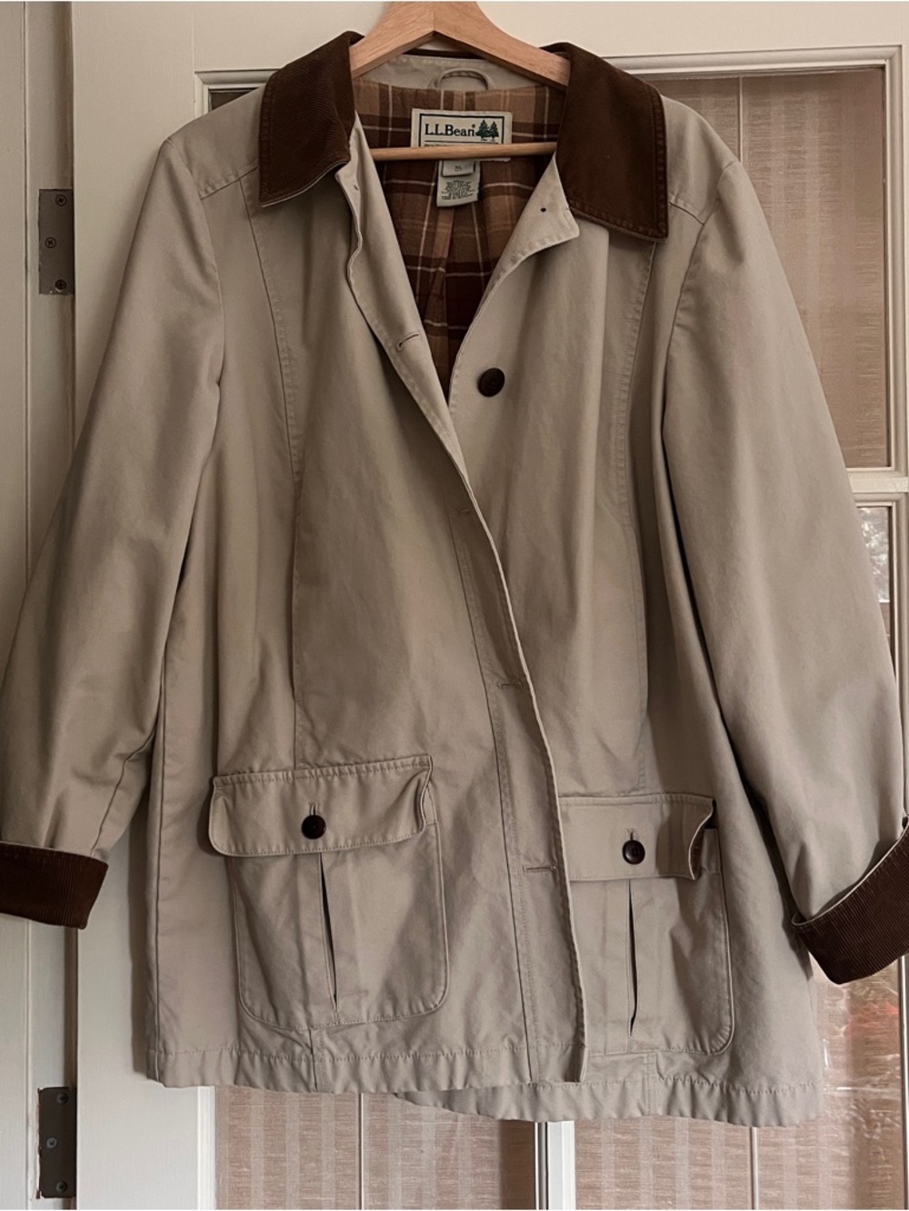 L.L. Bean Chore Barn Coat with Brown Plaid Lining and Corduroy Collar
